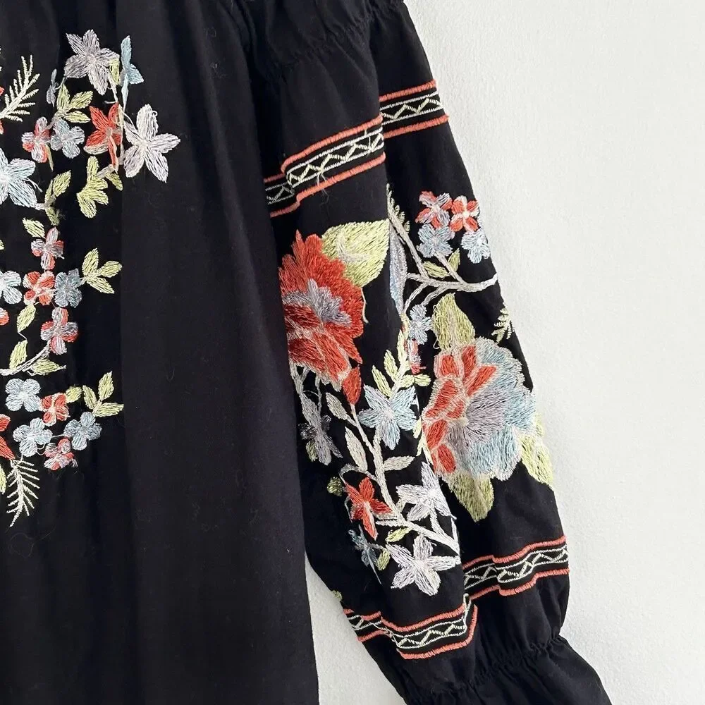 Free People Fleur Du Jour Mini Dress XS Black Floral Embroidered Off Shoulder